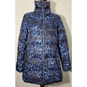 Lands’ End Women’s Leopard Puffer Down Filled Coat Blue Size S 6-8